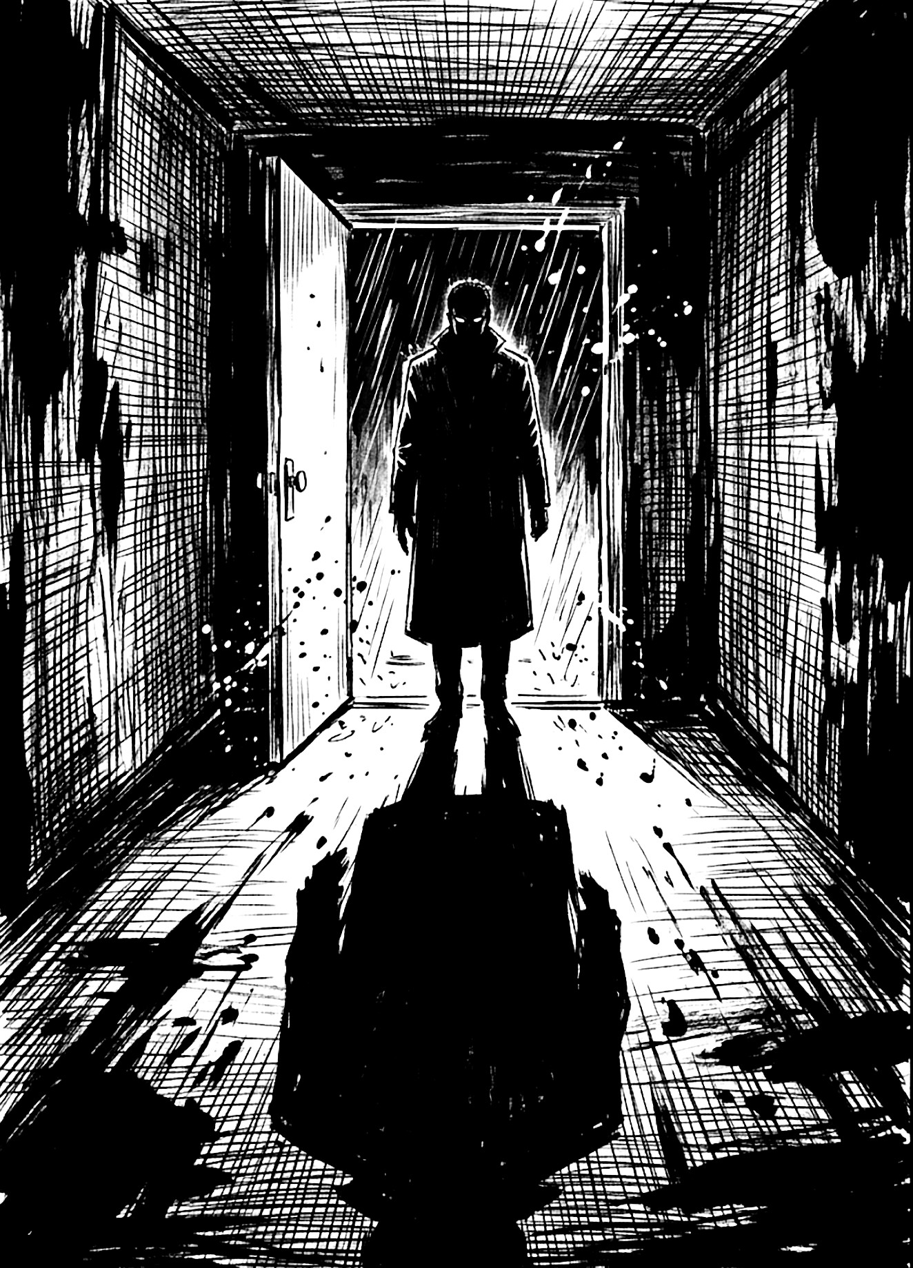 Portada de ejemplo: una figura misteriosa espera al final de un pasillo